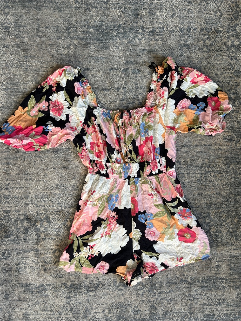 Jessica Simpson Black Floral Smocked Romper